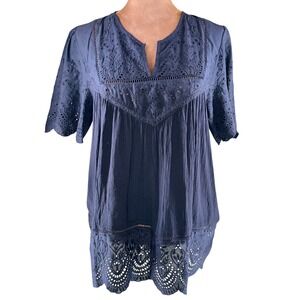 Knox Rose Eyelet Embroidered Boho Tunic Top Women's Medium Black NWOT Blouse